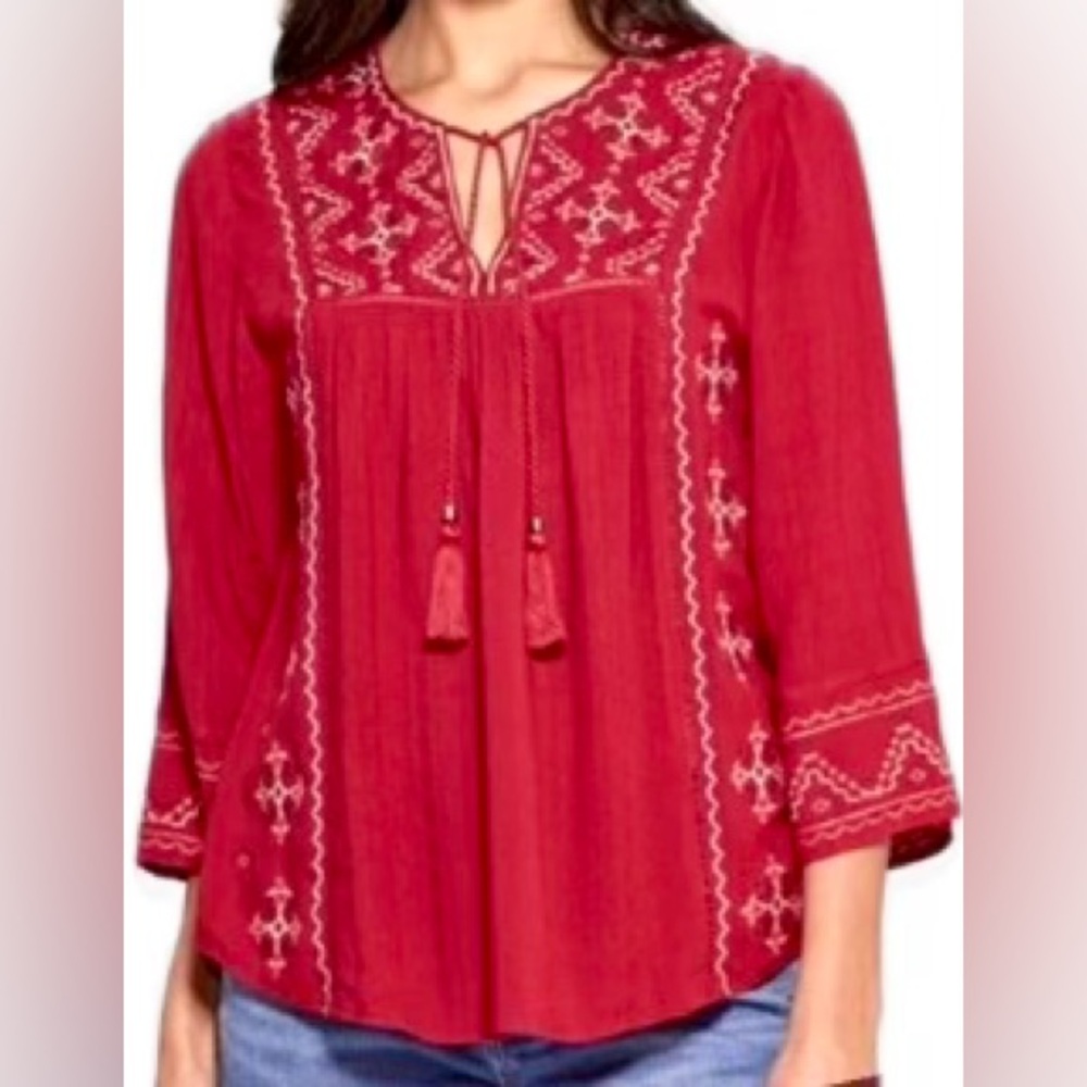 Knox Rose Red Embroidered Boho Peasant Top Tassel Tie Neck Women’s XL Rayon